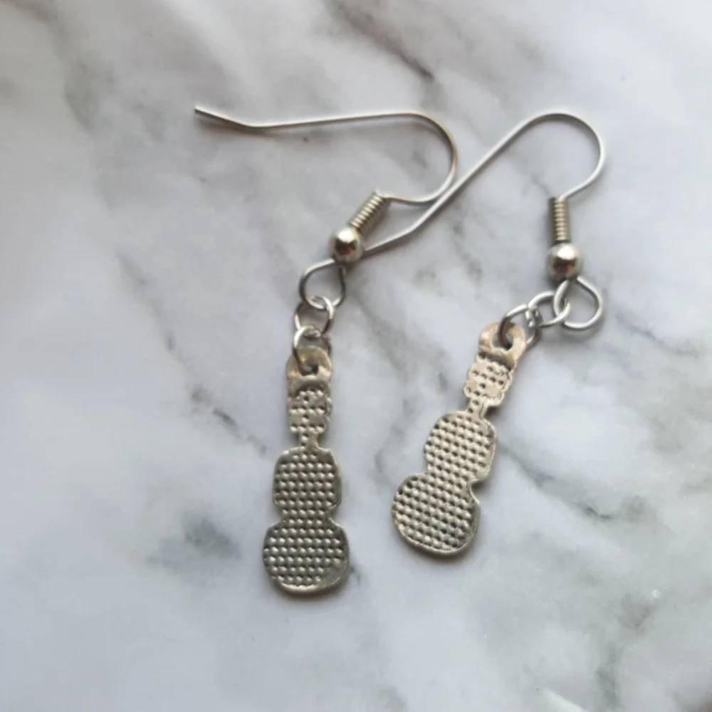 Violin Fiddle Earrings Surgical Steel Silver Tone - Picture 5 of 8